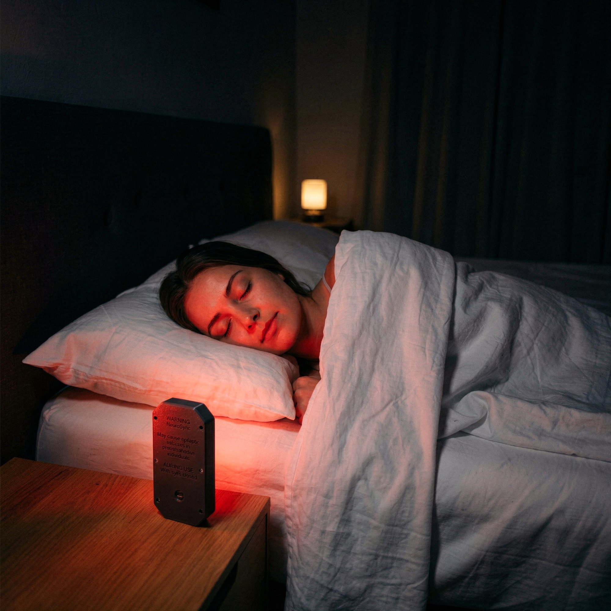 Usuario durmiendo con NeuroSync ALPHA en mesa de noche