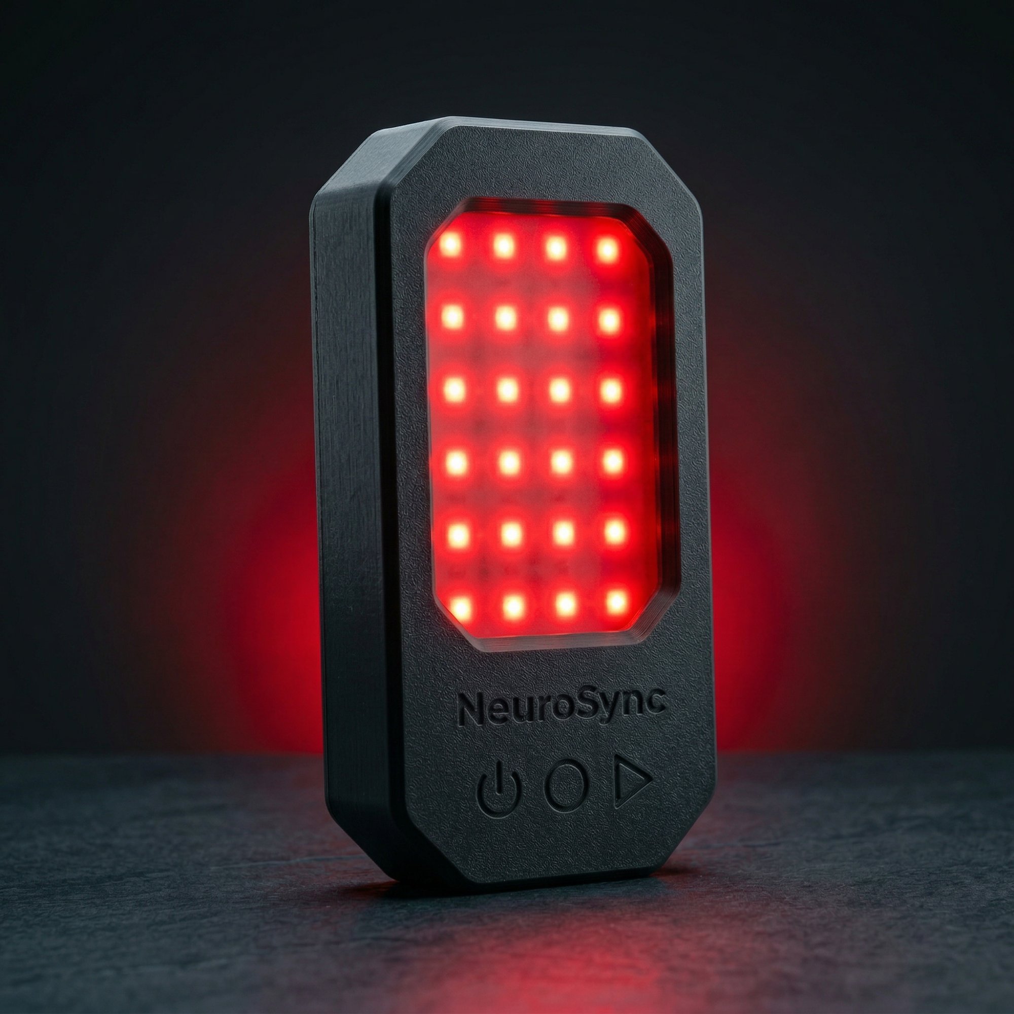 NeuroSync ALPHA — dispositivo con LEDs rojos activos