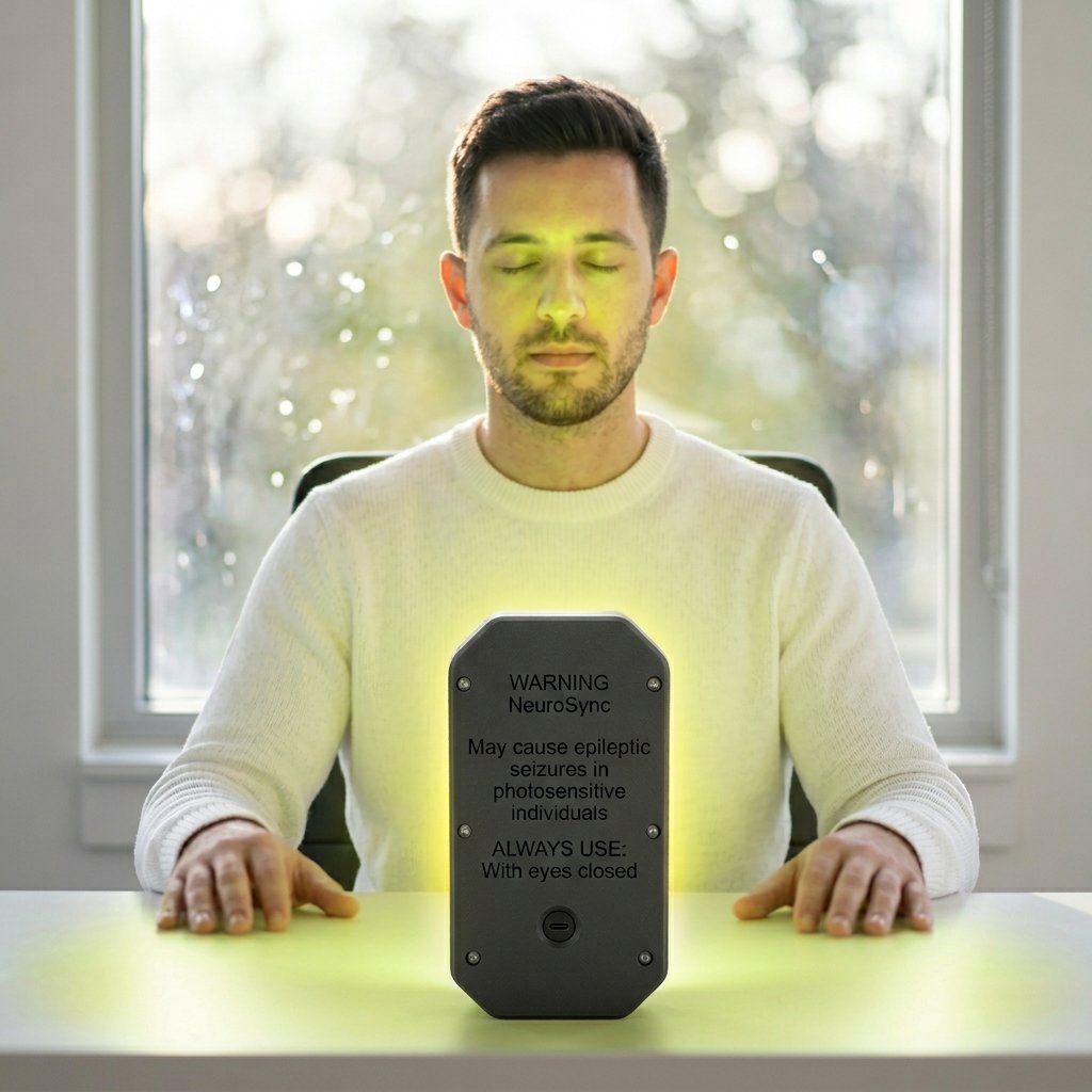 Usuario meditando con NeuroSync ALPHA — luz verde