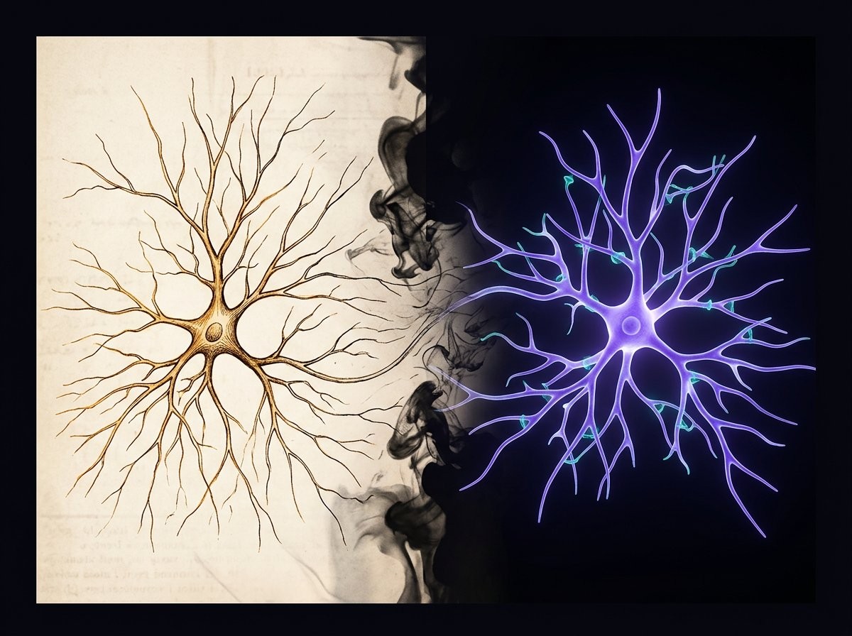 La misma neurona: dibujo de Cajal del siglo XIX (izquierda) y representación bioluminiscente moderna (derecha)