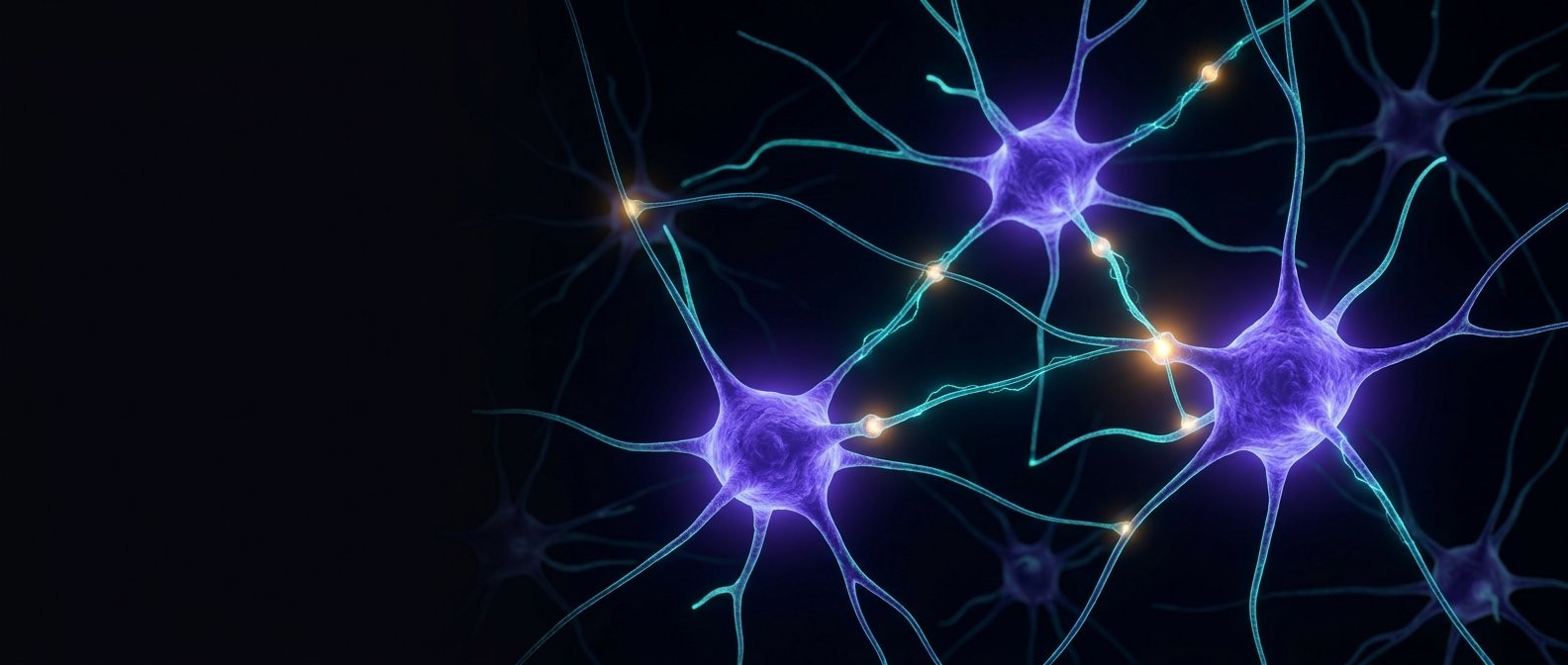 Red neuronal bioluminiscente — neuronas con conexiones de luz púrpura y teal
