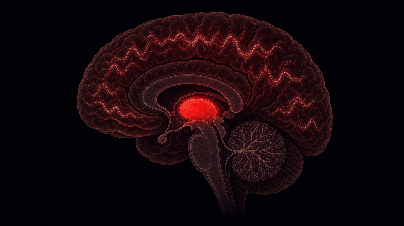 Cerebro sagital: tálamo y corteza iluminados en rojo durante sueño profundo delta