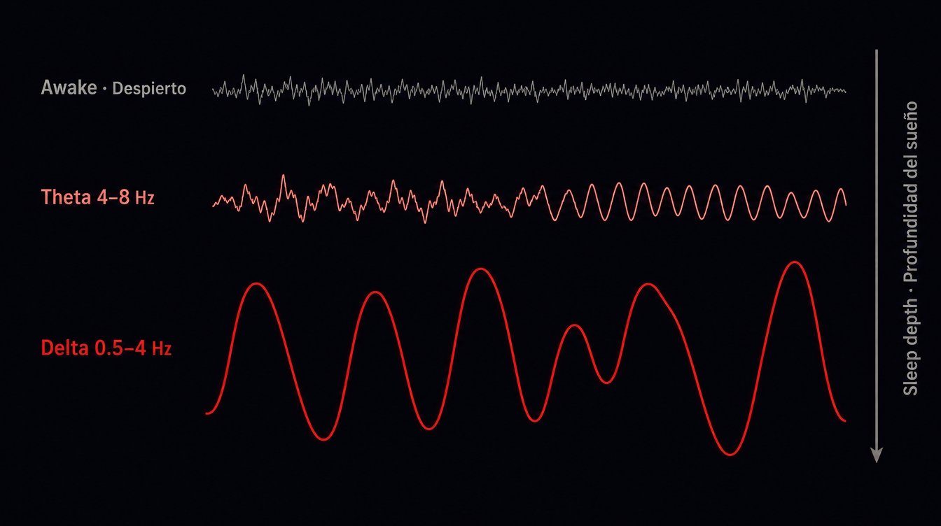 EEG: transición Awake → Theta → Delta · Profundidad del sueño