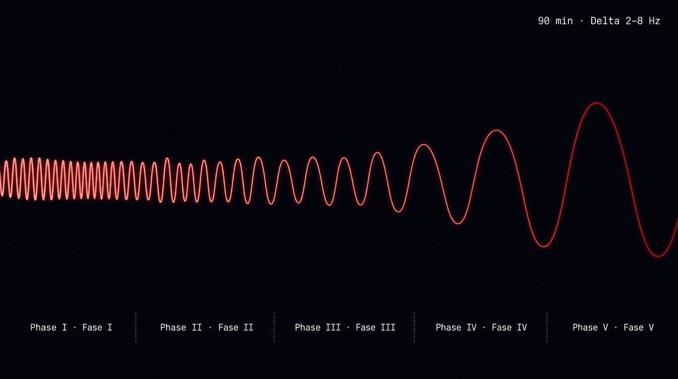 Rampa descendente 8→2 Hz · Phase I a Phase V · 90 min · Delta