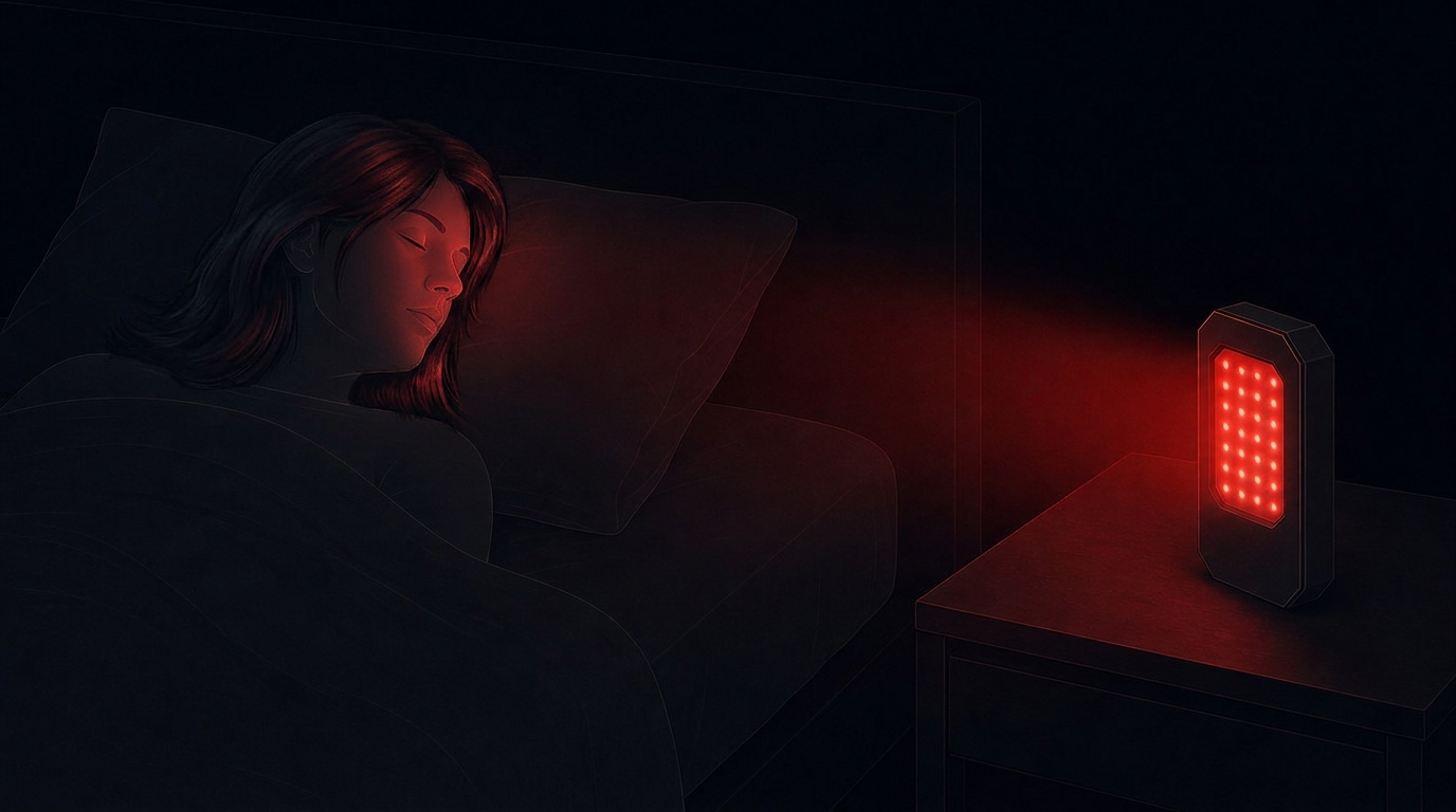 NeuroSync ALPHA en mesa de noche emitiendo luz roja hacia el usuario dormido