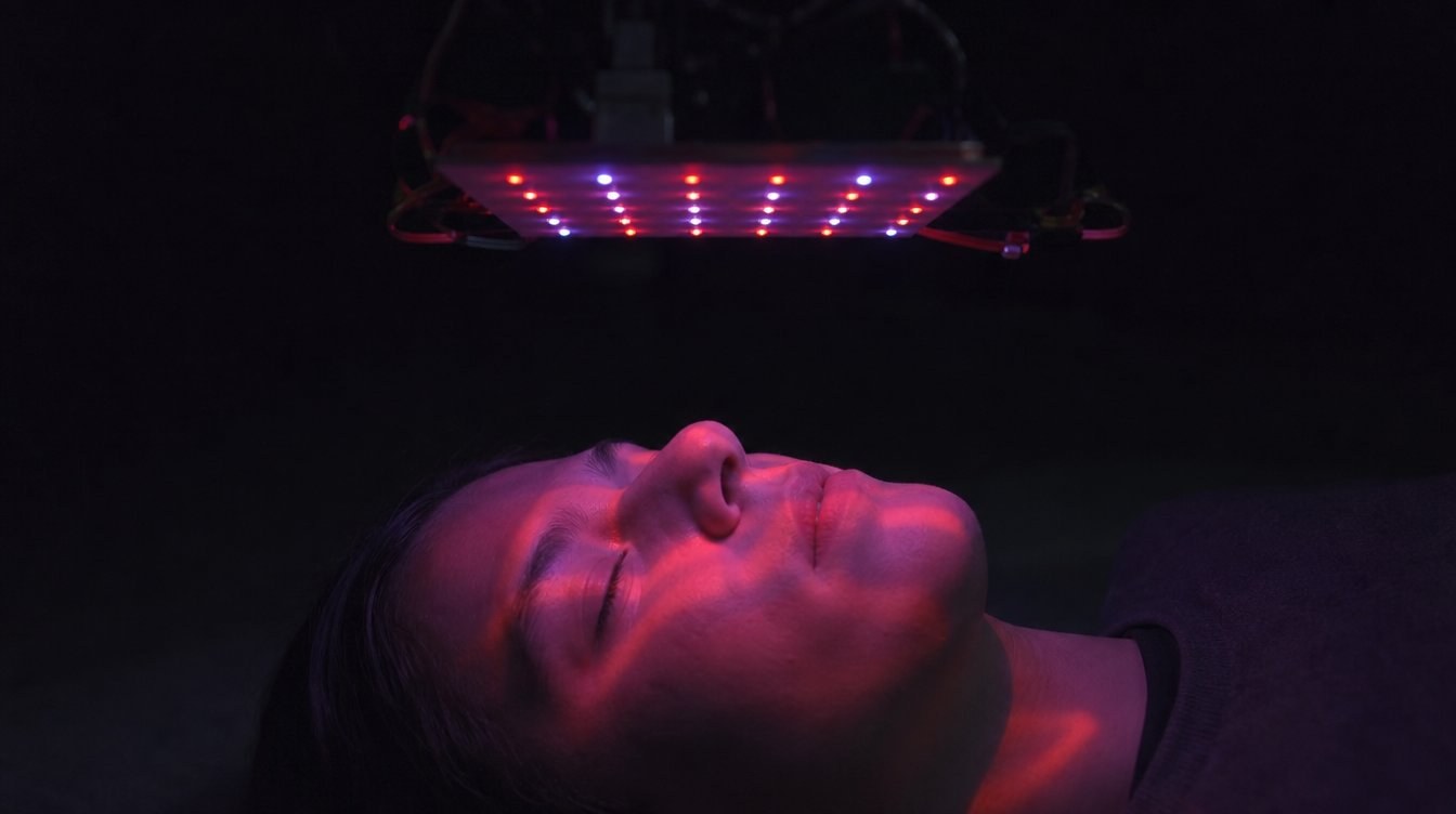 Persona con ojos cerrados recibiendo neuroentrenamiento con luz LED