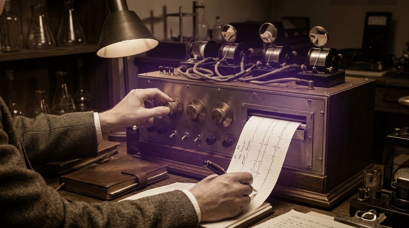 Laboratorio de neurociencia vintage, científico registrando ondas cerebrales en un EEG antiguo, circa 1930s